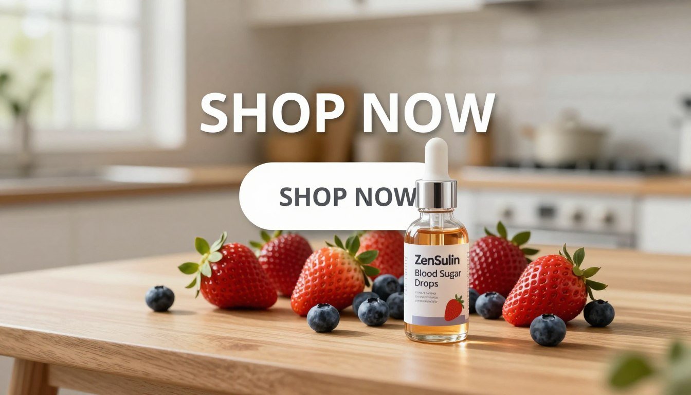 A visually striking product display featuring "ZenSulin Blood Sugar Drops" positioned prominently in the foreground on a clean, modern wooden table. The drops are housed in an elegant glass bottle with a dropper, labeled clearly with the brand name. In the middle ground, fresh, vibrant fruits like strawberries and blueberries surround the bottle, symbolizing natural health. The background showcases a softly blurred kitchen setting with warm, diffuse lighting streaming through a window, creating an inviting atmosphere. A large, eye-catching "SHOP NOW" button overlays the image, designed to stand out without cluttering the scene. The overall mood is one of wellness and vitality, emphasizing the product's purpose and market appeal.