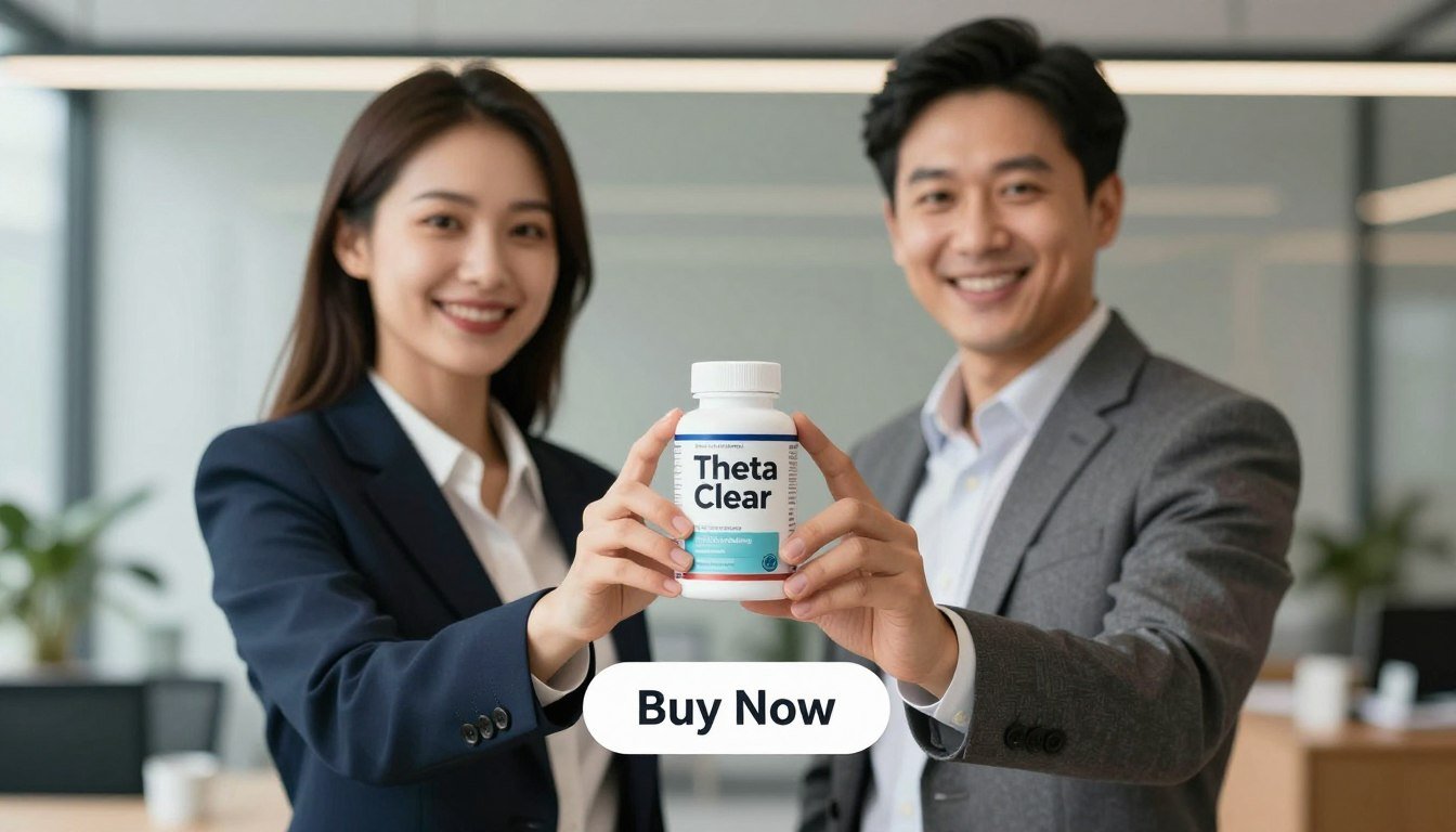 A visually striking product image featuring a man and a woman, both dressed in professional business attire, standing confidently side by side while holding the "Theta Clear" supplement bottle prominently in their hands. The backdrop includes a softly blurred modern office setting, symbolizing focus and productivity. The lighting is bright and vibrant, highlighting the subjects while casting gentle shadows that add depth. A "Buy Now" button is subtly included below the product, designed to evoke a sense of urgency and action. The brand name "Brain Health" is elegantly featured on the supplement packaging, ensuring clarity and recognition. The overall mood is uplifting and motivating, enphasizing mental clarity and support. A visually striking product image featuring a man and a woman, both dressed in professional business attire, standing confidently side by side while holding the "Theta Clear" supplement bottle prominently in their hands. The backdrop includes a softly blurred modern office setting, symbolizing focus and productivity. The lighting is bright and vibrant, highlighting the subjects while casting gentle shadows that add depth. A "Buy Now" button is subtly included below the product, designed to evoke a sense of urgency and action. The brand name "Brain Health" is elegantly featured on the supplement packaging, ensuring clarity and recognition. The overall mood is uplifting and motivating, enphasizing mental clarity and support.