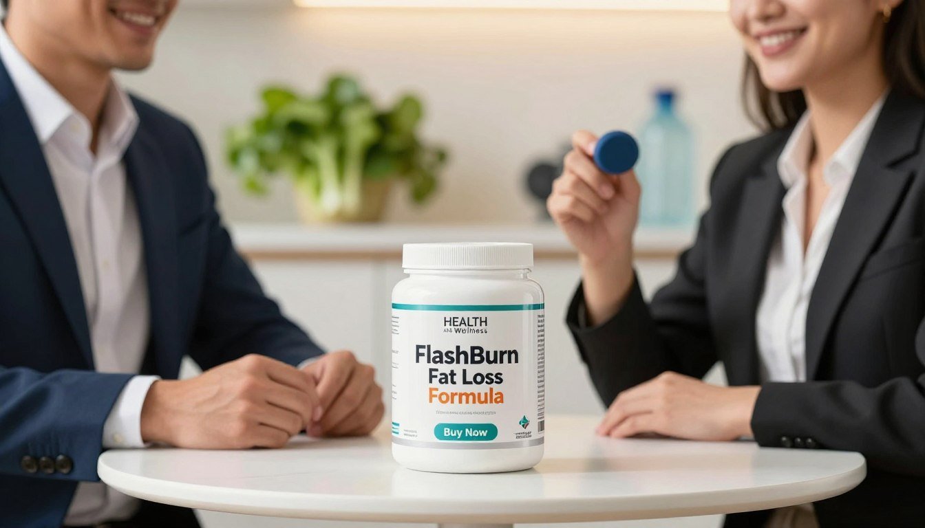 A visually striking product image featuring a man and a woman in professional business attire, each holding a sleek, modern container of "FlashBurn Fat Loss Formula." The foreground shows the individuals confidently showcasing the product. The middle background focuses on a clean, elegant table setup with the product prominently displayed alongside a subtle "Buy Now" button. In the rear, blurred soft-focus elements suggest a healthy lifestyle, such as leafy greens and fitness equipment. The lighting is bright and inviting, with a warm glow that enhances the colors of the packaging, highlighting the brand "HEALTH AND Wellness." The atmosphere is motivational, conveying a sense of health and vitality, perfect for illustrating an analytical review.