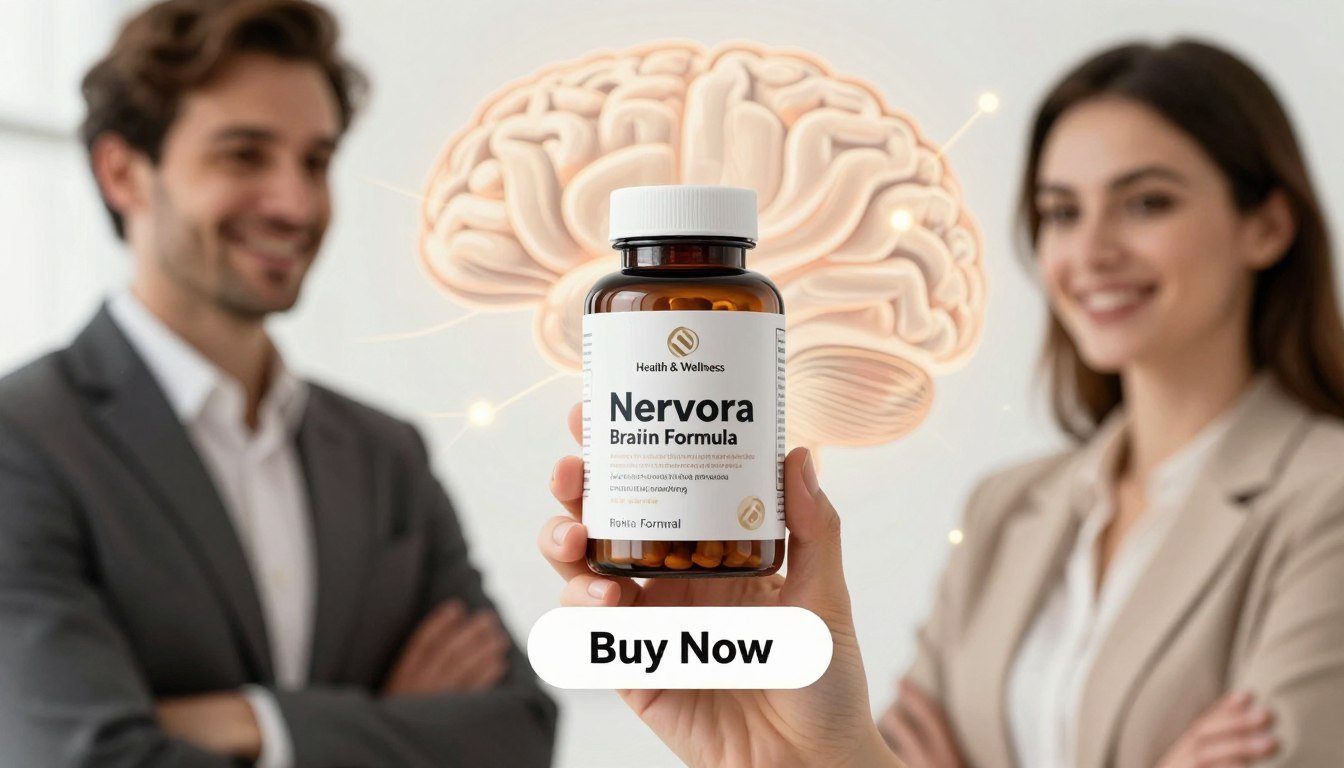 A visually striking product image featuring the "Nervora Advanced Brain Formula" supplement bottle prominently placed in the foreground. The bottle is sleek, with an intricate label design showcasing the brand name "Health & Wellness" in elegant typography. A man and woman dressed in professional business attire stand on either side, smiling and holding the product, conveying confidence and health. The background features a subtle abstract representation of brain synapses and neural pathways, enhancing the theme of brain health. Soft, natural lighting illuminates the scene, creating a warm and inviting atmosphere. The angle captures the product and the individuals at eye level, highlighting their engagement with the supplement. Below the bottle, a modern "Buy Now" button distinctly contrasts with the background, inviting action. No text overlays or watermarks can be seen in the image.