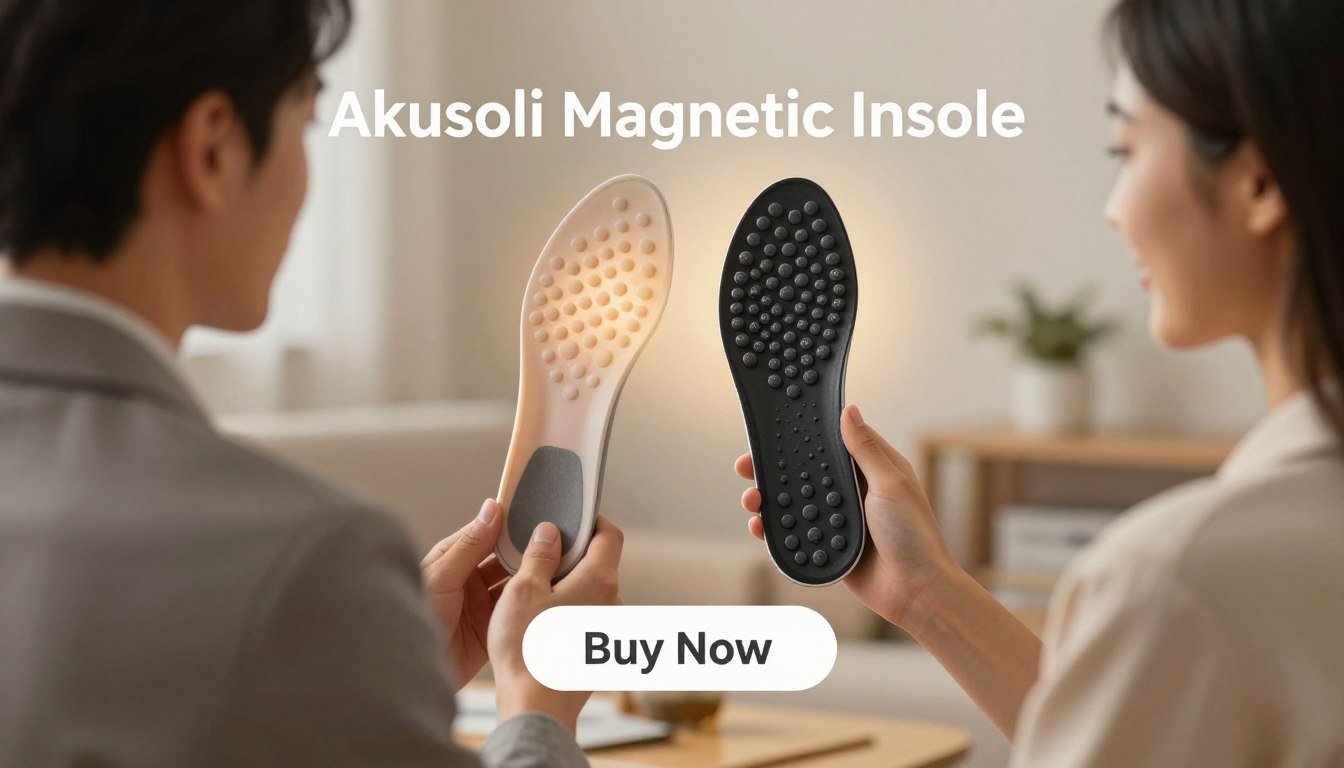 A visually striking product image showcasing "Akusoli Magnetic Insoles" prominently displayed in the foreground. A man and woman, dressed in professional business attire, are holding the insoles, showcasing their sleek design and acupressure features. The insoles are designed with a unique magnetic pattern that symbolizes comfort and support. In the middle ground, a soft-focus background features a serene home environment, adding warmth to the image. A “Buy Now” button elegantly positioned below the insoles invites action. The lighting is soft and inviting, highlighting the insoles with a gentle glow. Use a slightly elevated angle to capture the depth and features of the product effectively while maintaining a clean layout, evoking a sense of wellness and relaxation. The brand name "Orthopedic Insoles" should be subtly integrated into the design.