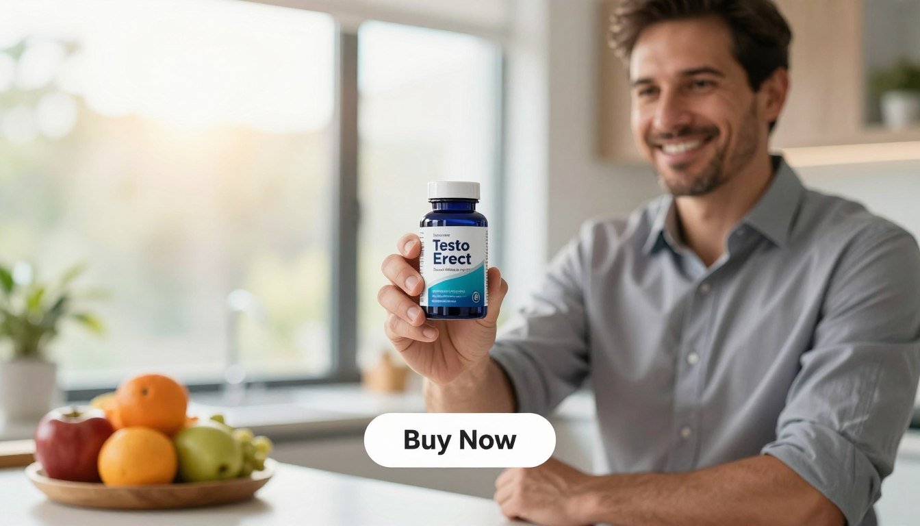 A well-groomed man in his 40s, exuding confidence and vitality, holds a sleek, premium bottle of "Testo Erect" in a modern kitchen setting. He wears a fitted, professional business shirt with rolled-up sleeves, demonstrating both approachability and professionalism. The foreground features the man smiling with a subtle background of fresh fruits and supplements, emphasizing a healthy lifestyle. The middle section shows the product prominently, with the brand name "Sexual Wellness for Men" clearly visible. The background should be softly blurred, showcasing warm, natural daylight filtering through large windows, creating an inviting and vibrant atmosphere. The angle is slightly elevated, capturing the product and the man together, complemented by a simple "Buy Now" button below the product, inviting the viewer to consider the benefits. A well-groomed man in his 40s, exuding confidence and vitality, holds a sleek, premium bottle of "Testo Erect" in a modern kitchen setting. He wears a fitted, professional business shirt with rolled-up sleeves, demonstrating both approachability and professionalism. The foreground features the man smiling with a subtle background of fresh fruits and supplements, emphasizing a healthy lifestyle. The middle section shows the product prominently, with the brand name "Sexual Wellness for Men" clearly visible. The background should be softly blurred, showcasing warm, natural daylight filtering through large windows, creating an inviting and vibrant atmosphere. The angle is slightly elevated, capturing the product and the man together, complemented by a simple "Buy Now" button below the product, inviting the viewer to consider the benefits.