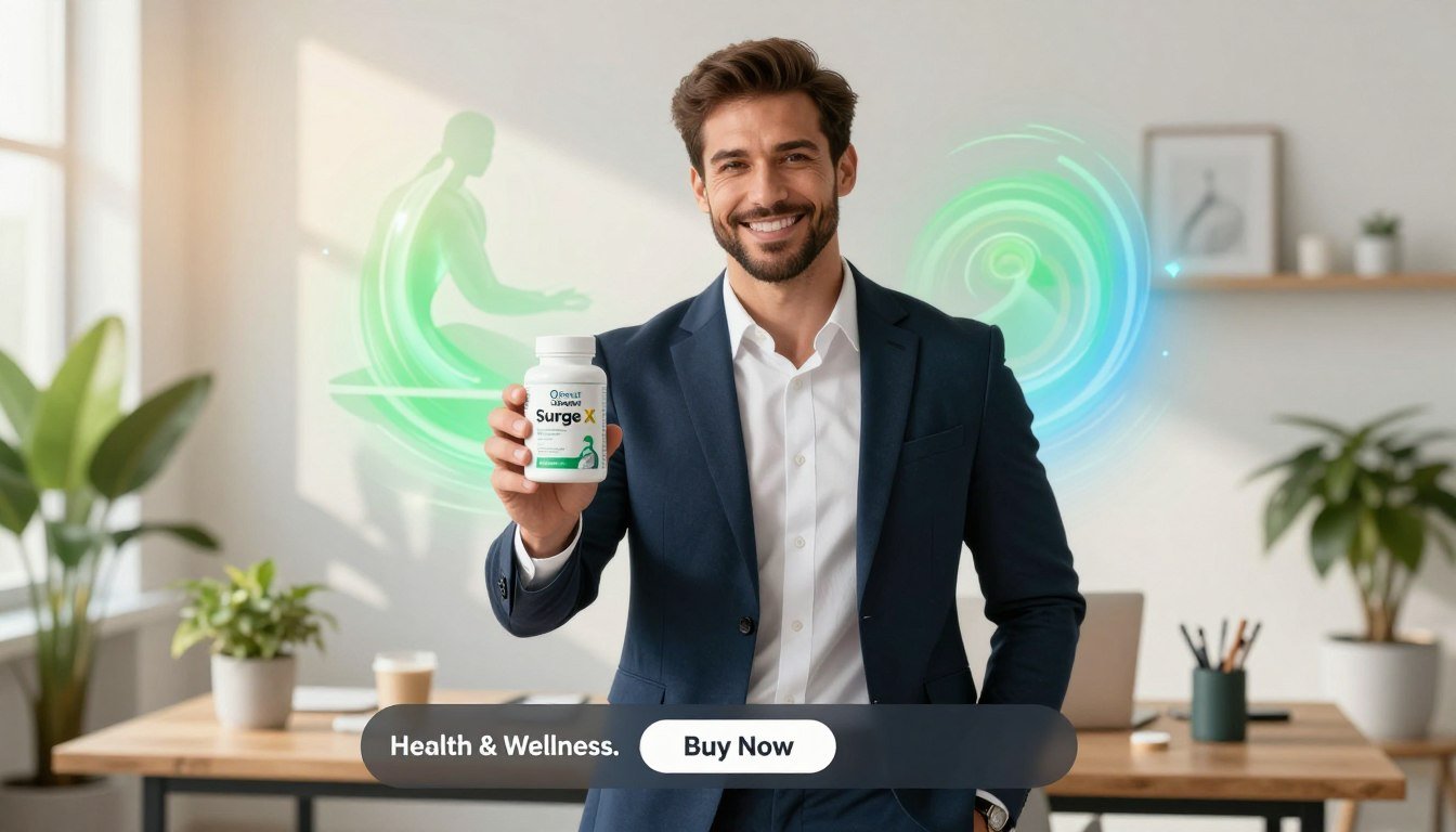 A well-groomed man in professional business attire, standing confidently while holding the "OBoost Surge X" supplement bottle in the foreground. He is smiling and exudes vitality and wellness, showcasing his strong physique and overall health. The middle ground features a neat, modern workspace with green plants and wellness-related items, signifying a balanced lifestyle. Soft, natural light filters through a window, casting a warm glow and creating an inviting atmosphere. In the background, an abstract representation of energy and balance, with gentle swirls of green and blue colors. At the bottom of the image, a subtle "Buy Now" button appears on a sleek interface, alongside the brand name "Health & Wellness." The overall mood should be inspiring and motivational, portraying the essence of men's wellness and performance. A well-groomed man in professional business attire, standing confidently while holding the "OBoost Surge X" supplement bottle in the foreground. He is smiling and exudes vitality and wellness, showcasing his strong physique and overall health. The middle ground features a neat, modern workspace with green plants and wellness-related items, signifying a balanced lifestyle. Soft, natural light filters through a window, casting a warm glow and creating an inviting atmosphere. In the background, an abstract representation of energy and balance, with gentle swirls of green and blue colors. At the bottom of the image, a subtle "Buy Now" button appears on a sleek interface, alongside the brand name "Health & Wellness." The overall mood should be inspiring and motivational, portraying the essence of men's wellness and performance.