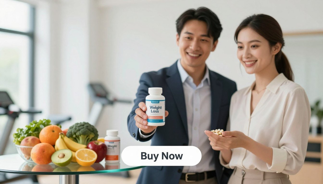 A well-lit and vibrant product showcase featuring a man and woman in professional attire, standing together and holding a bottle of "Weight Loss" weight control pills designed for metabolism support. The foreground highlights the product prominently, with the couple smiling, suggesting confidence and health. In the middle ground, a clear glass table displays the pills alongside fresh fruits and vegetables, symbolizing a balanced lifestyle. The background features a soft-focus fitness-themed space, perhaps with exercise equipment subtly hinted at. Bright, natural lighting emphasizes positivity and vitality, creating an inviting atmosphere. Below the couple, a clear "Buy Now" button design is incorporated, enhancing the commercial appeal, while ensuring the overall presentation remains sleek and professional.