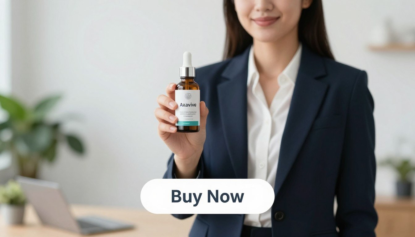 A well-lit image depicting a professional setting where a confident woman in business attire holds a sleek bottle of Axavive, showcasing its modern and innovative design. The woman stands against a minimalist background, with soft-focus office elements like a desk and plants. In the foreground, emphasize a large, clear "Buy Now" button, inviting the viewer to take action. The lighting should be bright and natural, creating an uplifting atmosphere. Include the brand name "Health & Wellness" subtly in the design, harmonizing with the overall layout. The composition should reflect trust and safety, with an emphasis on the product being easily accessible and ready for purchase. A well-lit image depicting a professional setting where a confident woman in business attire holds a sleek bottle of Axavive, showcasing its modern and innovative design. The woman stands against a minimalist background, with soft-focus office elements like a desk and plants. In the foreground, emphasize a large, clear "Buy Now" button, inviting the viewer to take action. The lighting should be bright and natural, creating an uplifting atmosphere. Include the brand name "Health & Wellness" subtly in the design, harmonizing with the overall layout. The composition should reflect trust and safety, with an emphasis on the product being easily accessible and ready for purchase.