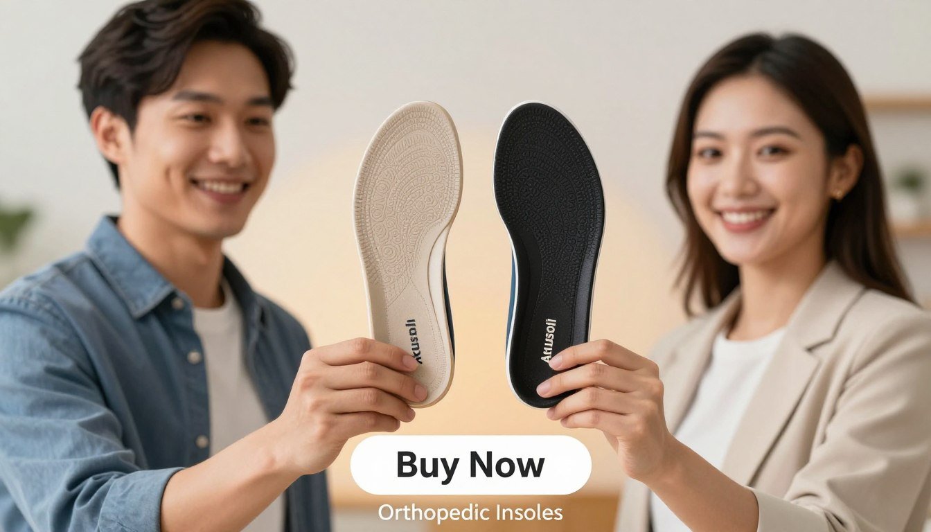 A well-lit product display featuring two individuals—a man and a woman—holding Akusoli magnetic insoles, showcasing their ergonomic design and comfort features. The man, dressed in smart casual attire, stands on one side, while the woman, in a professional outfit, stands on the other, both smiling and looking directly at the insoles. The focus is on the insoles held prominently in the foreground, with a soft blur effect on the background. A subtle gradient backdrop suggests a comfortable, inviting atmosphere, enhancing the appeal of the product. Below the insoles, a visually prominent "Buy Now" button is placed, encouraging action. The brand name "Orthopedic Insoles" is discreetly displayed near the bottom, maintaining an emphasis on the benefits of support and comfort for feet.