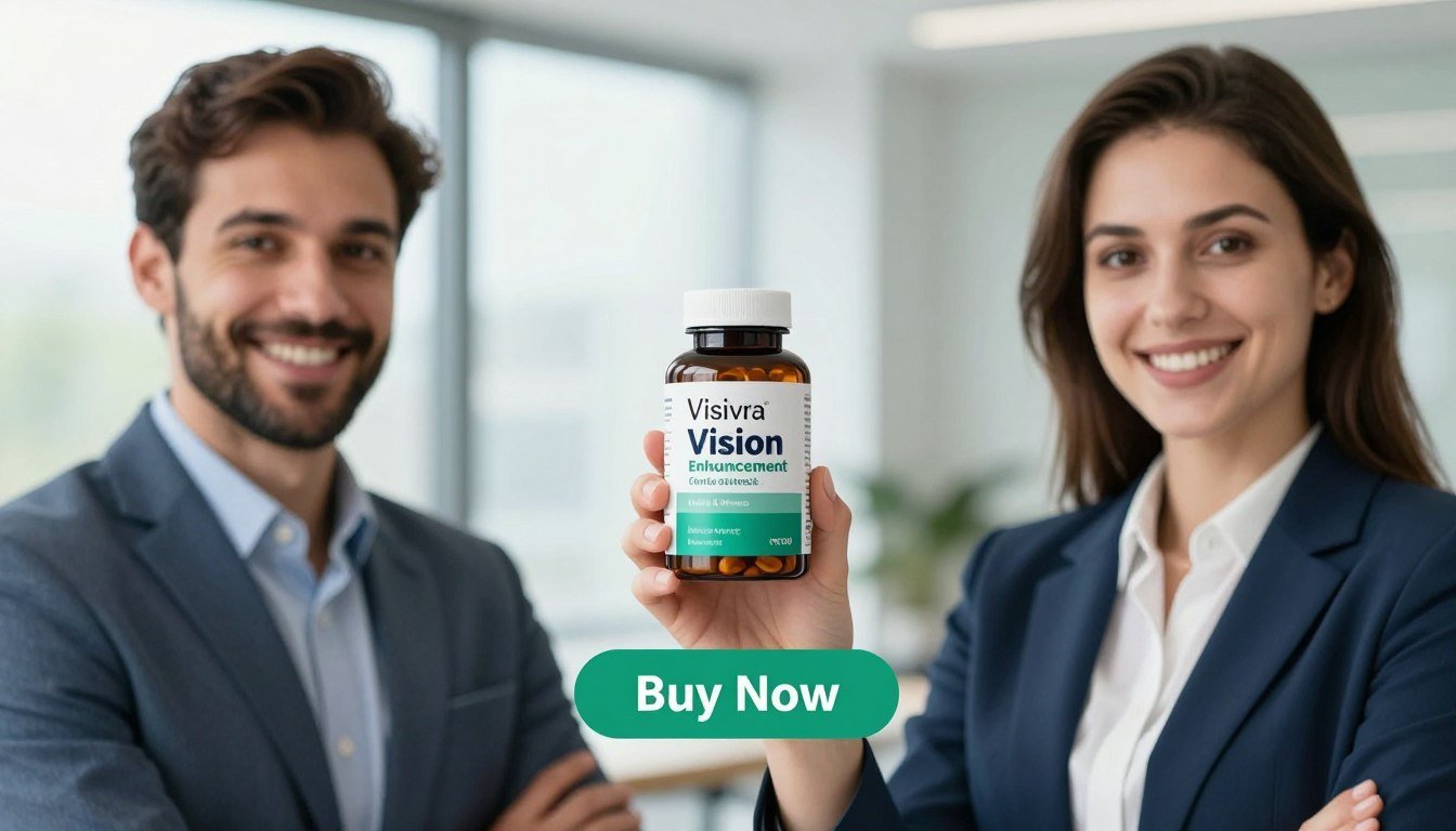 A well-lit, professional portrait of a diverse man and woman in business attire, holding a bottle of Visivra Vision Enhancement Capsules labeled “Health & Wellness.” The foreground features their engaging smiles, exuding confidence and trust. In the middle, the capsules are prominently displayed, showcasing the sleek, modern design of the bottle. The backdrop is a soft, blurred office setting with natural light streaming through large windows, creating an inviting atmosphere. The color palette is calming, featuring blues and greens to symbolize eye health. Beneath the product, a stylish "Buy Now" button subtly integrates into the design, inviting action without distracting from the main subject. The overall mood is optimistic and professional, emphasizing the rising demand for eye health supplements in modern life.