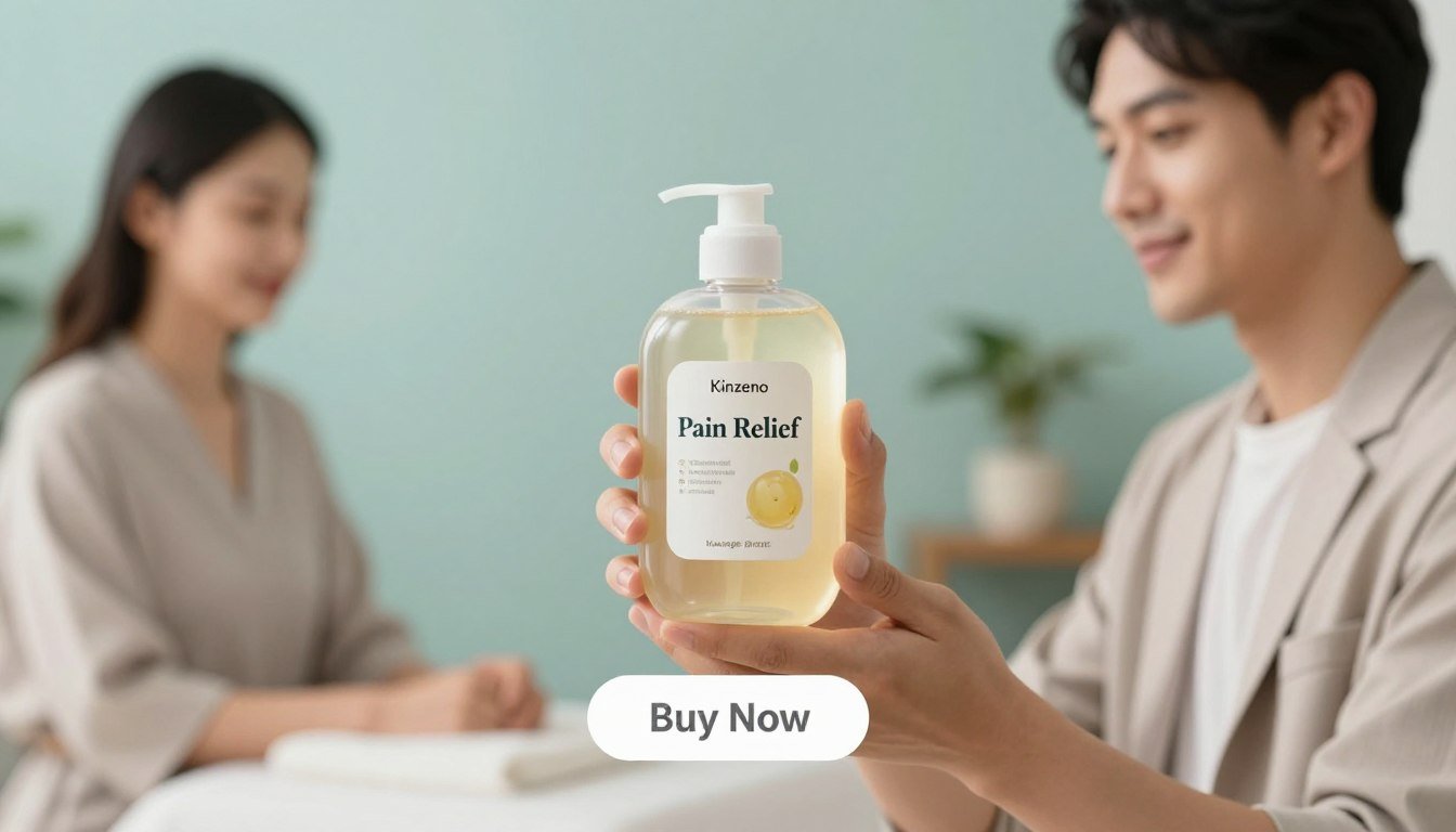 A well-lit, professional product display of Kinzeno Massage Gel prominently featured in the foreground, held by a man and woman dressed in smart casual attire. The gel's smooth, soothing texture is visible, with the label clearly showing the brand name "Pain Relief". In the middle ground, there's a softly blurred background of a serene spa-like environment featuring calming colors like soft blues and greens. Gentle lighting creates a peaceful atmosphere, enhancing the feeling of relaxation. A subtle "Buy Now" button appears below the product, inviting engagement. Focus on showcasing the soothing benefits of the gel, evoking a sense of comfort and relief for muscles and joints. A well-lit, professional product display of Kinzeno Massage Gel prominently featured in the foreground, held by a man and woman dressed in smart casual attire. The gel's smooth, soothing texture is visible, with the label clearly showing the brand name "Pain Relief". In the middle ground, there's a softly blurred background of a serene spa-like environment featuring calming colors like soft blues and greens. Gentle lighting creates a peaceful atmosphere, enhancing the feeling of relaxation. A subtle "Buy Now" button appears below the product, inviting engagement. Focus on showcasing the soothing benefits of the gel, evoking a sense of comfort and relief for muscles and joints.