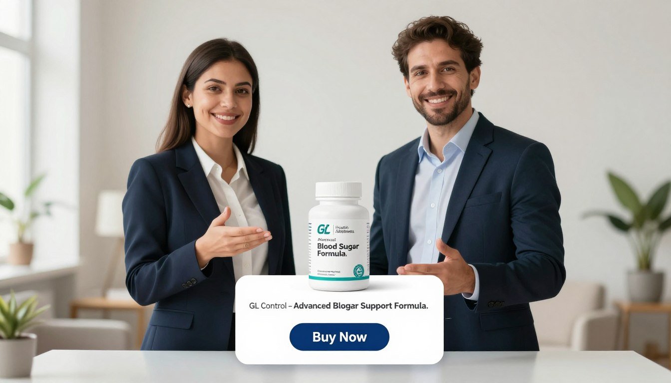 A well-lit, professional scene featuring a man and a woman standing confidently, both dressed in smart business attire, presenting the "GL Control – Advanced Blood Sugar Support Formula." The male figure is holding the product prominently in one hand, while the female figure gestures towards it with a welcoming smile. The product is placed on a sleek table in the foreground, with a modern, minimalist design that showcases its branding "Health & Wellness." Below the product, a visually appealing "Buy Now" button is depicted. The background consists of a softly blurred office environment with warm, natural lighting, creating an inviting atmosphere. The image should evoke trust and professionalism, emphasizing health and well-being.