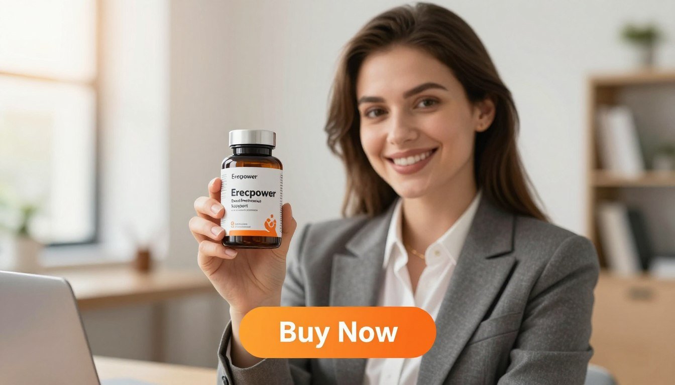 A woman in a professional business outfit, smiling confidently, holds a sleek, modern bottle of "Erecpower" supplement in her right hand, showcasing its appealing design. Surround her with a softly blurred background of a bright, inviting office environment that suggests wellness and vitality. The lighting is warm and natural, enhancing the positive atmosphere. Below her, a stylish "Buy Now" button is prominently displayed in an eye-catching color. The overall image embodies a sense of empowerment and health, inviting viewers to learn more about this natural product from "Sexual Performance Support". The composition should be balanced with the product in clear focus, highlighting its importance as a revolutionary solution for men’s health. A woman in a professional business outfit, smiling confidently, holds a sleek, modern bottle of "Erecpower" supplement in her right hand, showcasing its appealing design. Surround her with a softly blurred background of a bright, inviting office environment that suggests wellness and vitality. The lighting is warm and natural, enhancing the positive atmosphere. Below her, a stylish "Buy Now" button is prominently displayed in an eye-catching color. The overall image embodies a sense of empowerment and health, inviting viewers to learn more about this natural product from "Sexual Performance Support". The composition should be balanced with the product in clear focus, highlighting its importance as a revolutionary solution for men’s health.