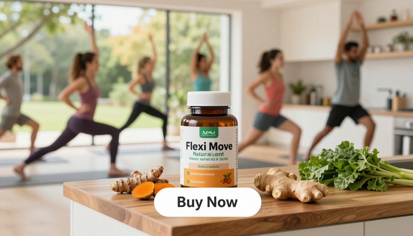 Create a vibrant and engaging image that showcases the "Flexi Move" natural joint support formula prominently in the foreground. The product should be elegantly displayed on a wooden kitchen counter among fresh ingredients like turmeric, ginger, and green leafy vegetables, emphasizing its natural composition. In the middle ground, depict a diverse group of active individuals in professional and modest casual clothing, engaged in various fitness activities like yoga, jogging, and stretching, radiating vitality and movement. The background should feature a bright, sunlit gym or outdoor park, symbolizing an active lifestyle. Use soft, natural lighting to create a warm and inviting atmosphere. The scene should convey a sense of health, energy, and community, with a clear and visible "Buy Now" CTA button overlay subtly incorporated into the image design.