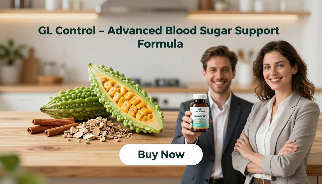 Create a vibrant, informative image showcasing "GL Control – Advanced Blood Sugar Support Formula." In the foreground, depict a man and woman, both dressed in professional business attire, holding a sleek bottle of the supplement, smiling confidently. Place a prominent "Buy Now" button below them. In the middle ground, incorporate an arrangement of key ingredients like cinnamon, berberine, and extract of bitter melon, artistically displayed on a wooden table, enhancing the natural vibe. The background features a softly blurred kitchen setting with warm, inviting lighting, suggesting a healthy lifestyle. Use a shallow depth of field to keep the focus on the subjects and the product, creating a motivational, uplifting atmosphere. Include the brand name "Health & Wellness" subtly integrated into the design.