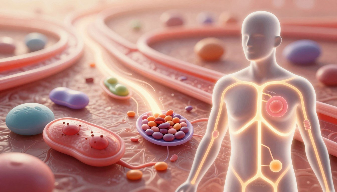 Create a visually engaging illustration that embodies the concept of "insulin sensitivity" in the context of glucose metabolism. In the foreground, depict a human silhouette with glowing, interconnected pathways symbolizing glucose and insulin interaction, emphasizing a state of balance. In the middle ground, show stylized cells absorbing glucose, with varied colors to represent healthy metabolic processes. The background should feature an abstract representation of a healthy bloodstream, with radiant light effects enhancing the dynamic flow of nutrients. Use soft, warm lighting to convey an uplifting mood, employing a soft focus lens effect for depth. Ensure the scene captures the scientific essence while instilling a sense of hope in managing glycemic health. Include "ZenSulin blood sugar" subtly integrated into the design without text overlays.