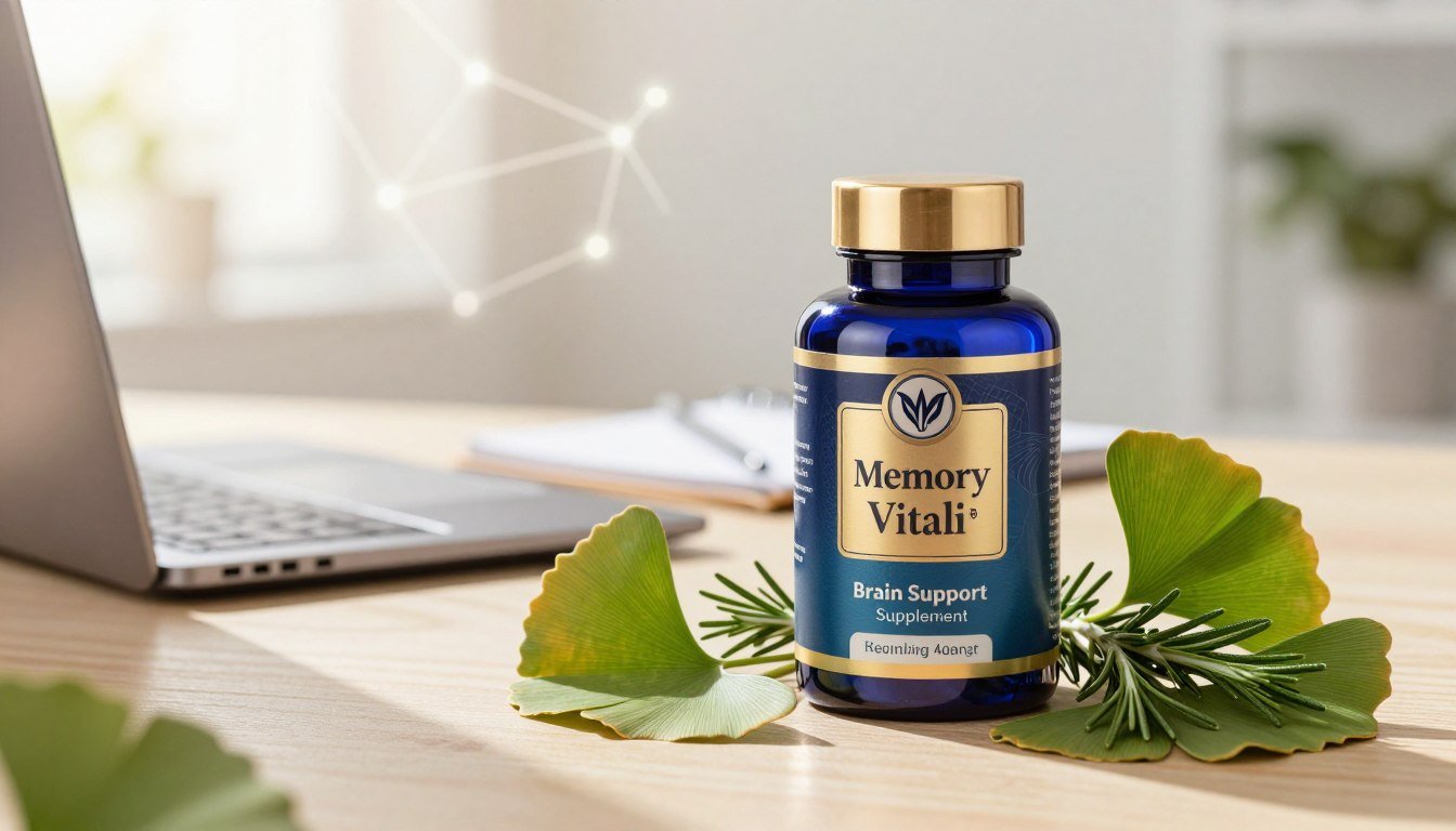 Generate an image of a sleek, modern bottle of "Memory Vitali Brain Support Supplement" prominently displayed in the foreground. The bottle should have an elegant design, featuring a blue and gold color scheme with intricate labeling that suggests potency and clarity. Surround the bottle with fresh, vibrant herbs like ginkgo biloba and rosemary to evoke a sense of natural ingredients and vitality. The middle ground should include a softly blurred workspace—a bright, sunlit office desk with a sleek laptop and a notepad, portraying productivity and focus. In the background, hint at a calm and serene environment with abstract shapes representing neural connections softly illuminated, enhancing the atmosphere of cognitive enhancement. Use warm, diffused lighting to create an inviting and optimistic mood, capturing the essence of mental clarity and well-being. Generate an image of a sleek, modern bottle of "Memory Vitali Brain Support Supplement" prominently displayed in the foreground. The bottle should have an elegant design, featuring a blue and gold color scheme with intricate labeling that suggests potency and clarity. Surround the bottle with fresh, vibrant herbs like ginkgo biloba and rosemary to evoke a sense of natural ingredients and vitality. The middle ground should include a softly blurred workspace—a bright, sunlit office desk with a sleek laptop and a notepad, portraying productivity and focus. In the background, hint at a calm and serene environment with abstract shapes representing neural connections softly illuminated, enhancing the atmosphere of cognitive enhancement. Use warm, diffused lighting to create an inviting and optimistic mood, capturing the essence of mental clarity and well-being.